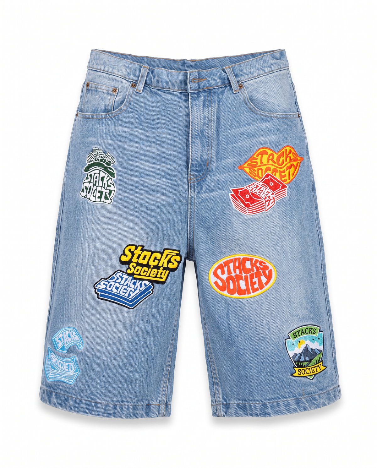 Stacks Society Patchwork Jorts — Limited Edition Embroidered Denim Shorts